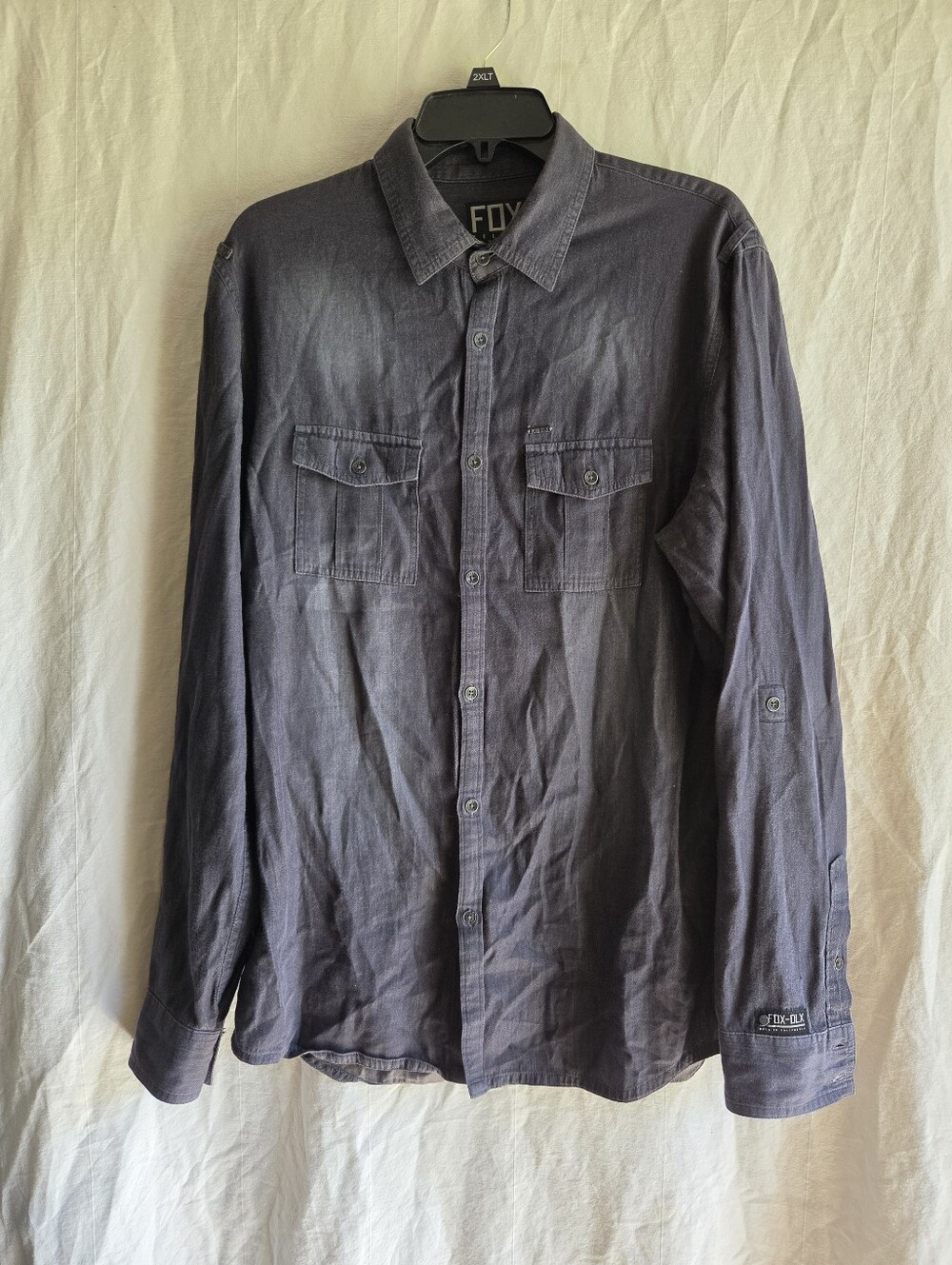 Fox Shirt Mens L Gray Button Down Racing Retro Skater Grunge Emo Y2K